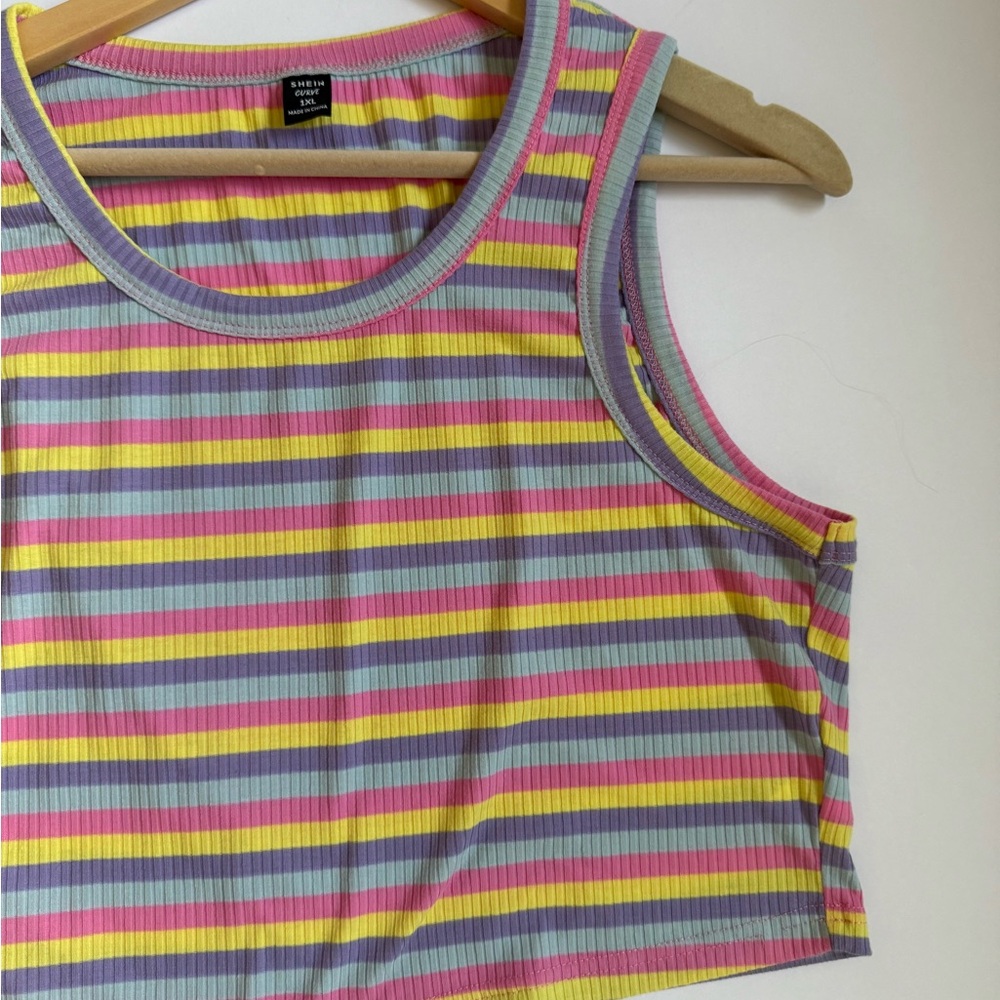 SHEIN Pink and Yellow Ribbed Crop Tank Top